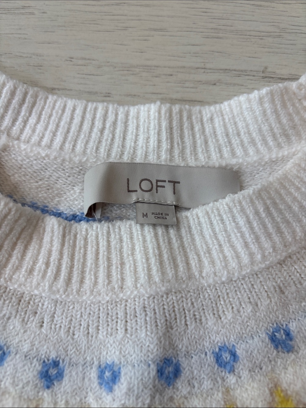 LOFT Fair Isle Sweater Womens M White Yellow Blue Cozy Knit Crewneck - Picture 5 of 8